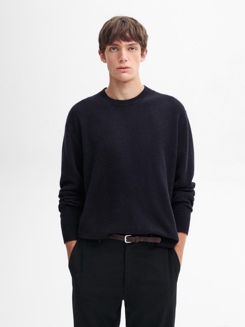 Massimo Dutti Wool Blend Crew Neck Knit Men Sweater Navy | US-HM1487953
