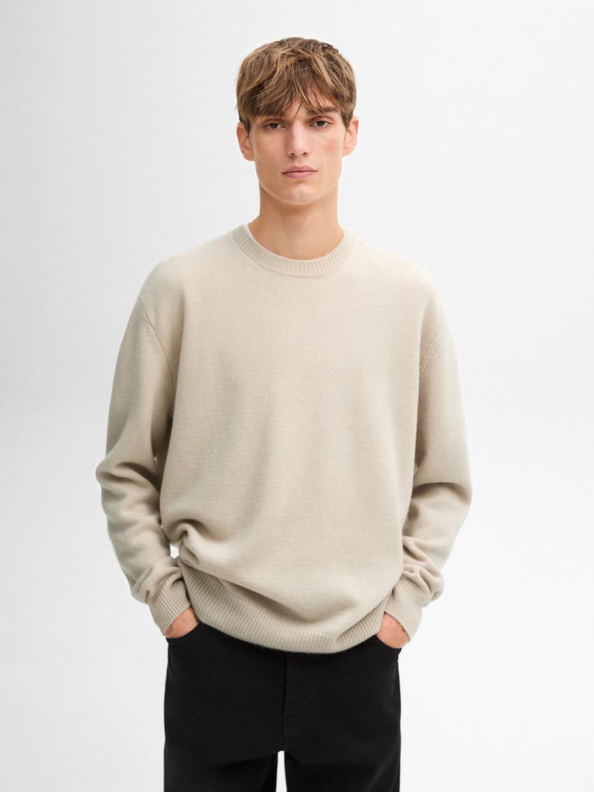 Massimo Dutti Wool Blend Crew Neck Knit Men Sweater Beige | US-XJ3972654