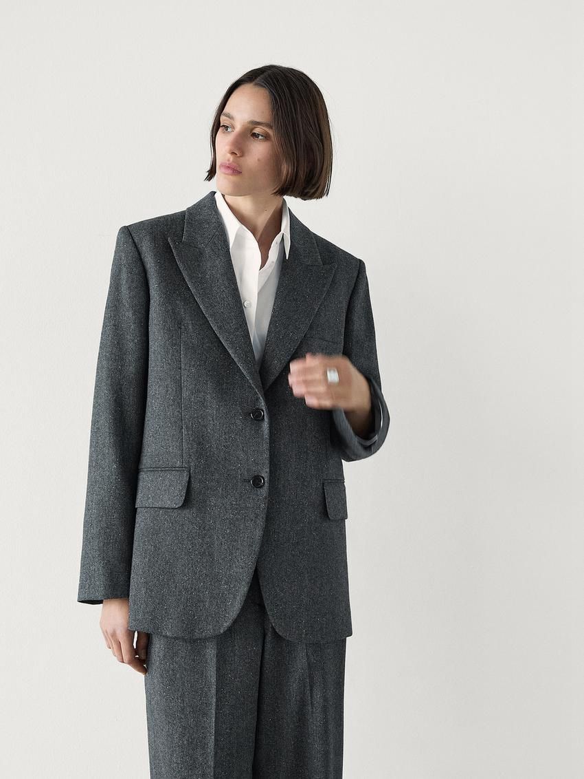 Massimo Dutti Wool Blend Herringbone Suit Women Blazer Dark Grey | US-EP7102394