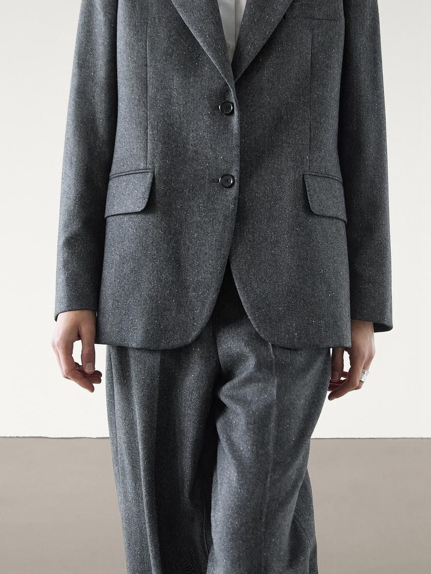 Massimo Dutti Wool Blend Herringbone Suit Women Blazer Dark Grey | US-EP7102394