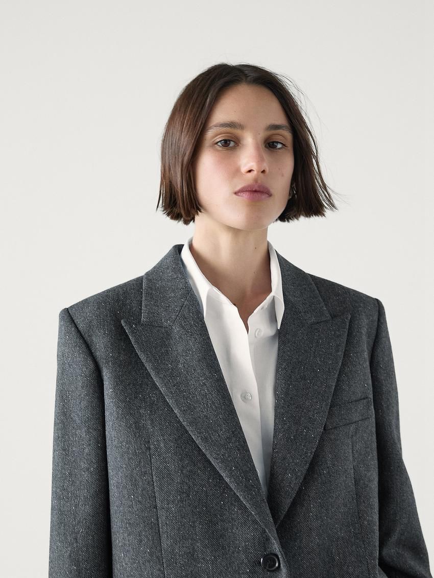 Massimo Dutti Wool Blend Herringbone Suit Women Blazer Dark Grey | US-EP7102394