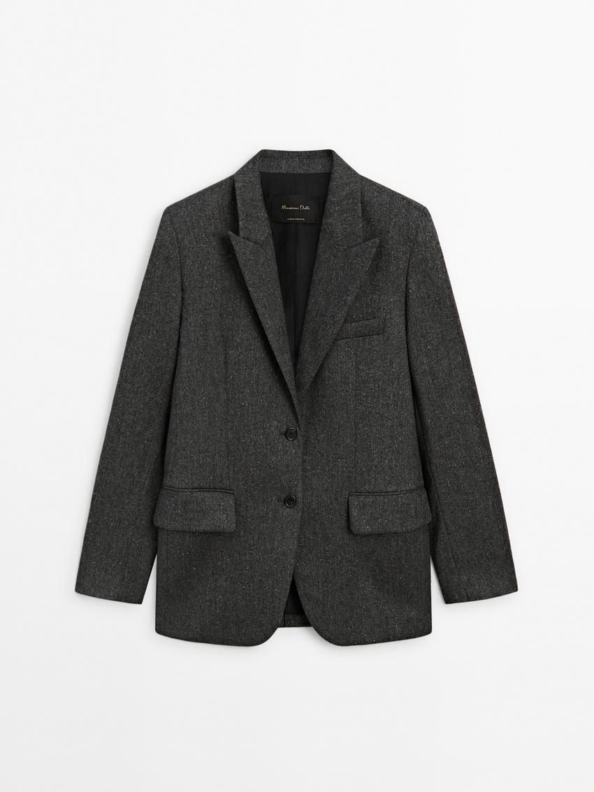 Massimo Dutti Wool Blend Herringbone Suit Women Blazer Dark Grey | US-EP7102394