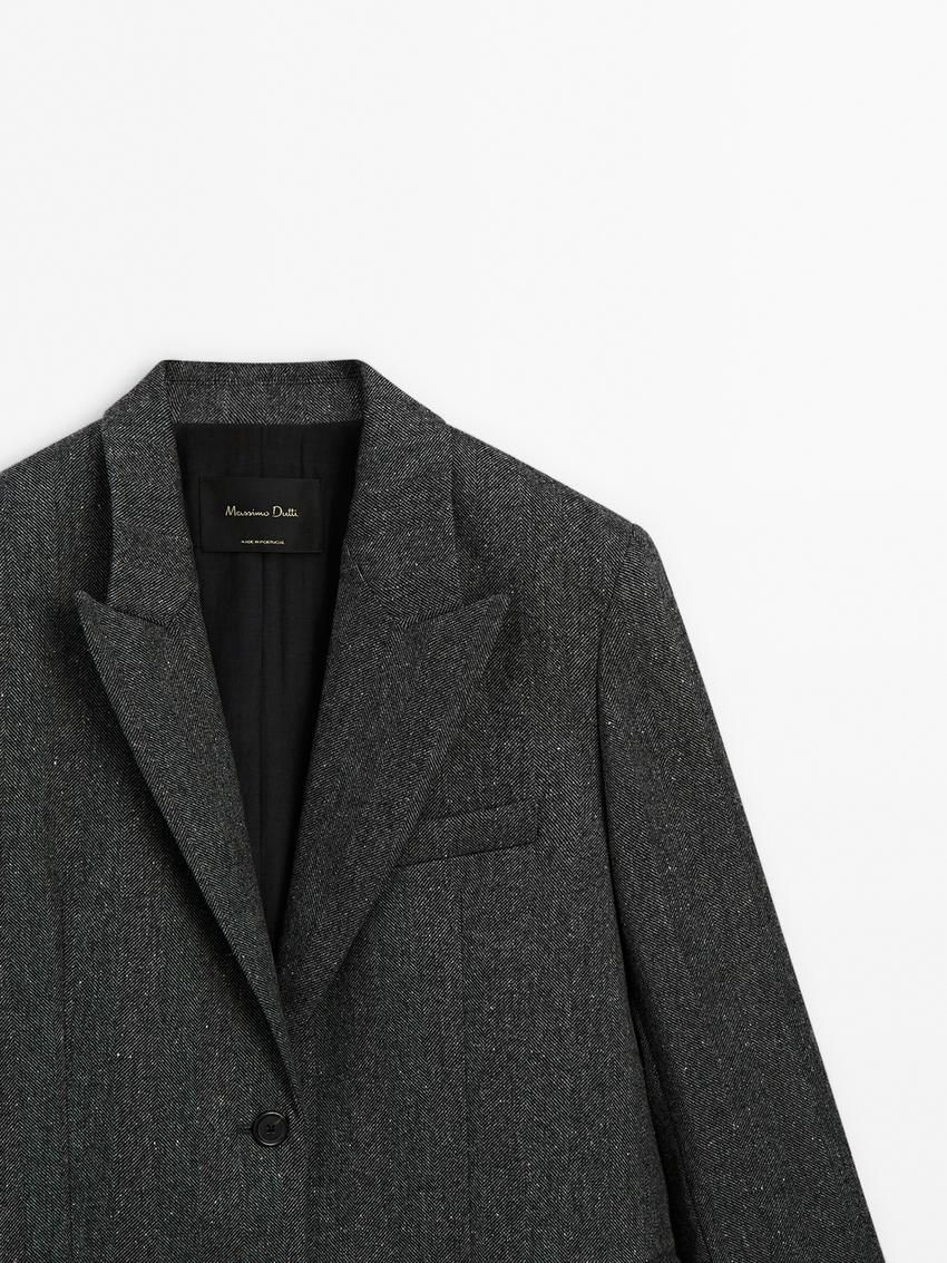 Massimo Dutti Wool Blend Herringbone Suit Women Blazer Dark Grey | US-EP7102394