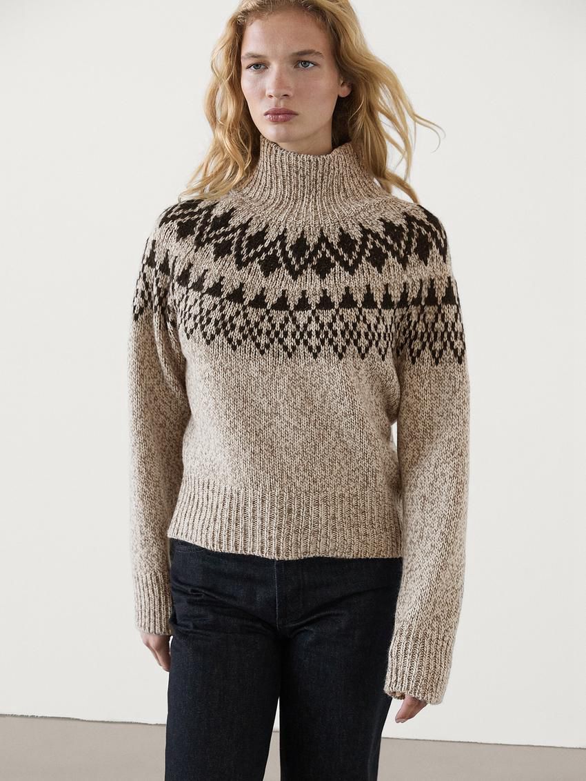 Massimo Dutti Wool Blend Jacquard Knit Women Sweater Beige | US-IN7936584