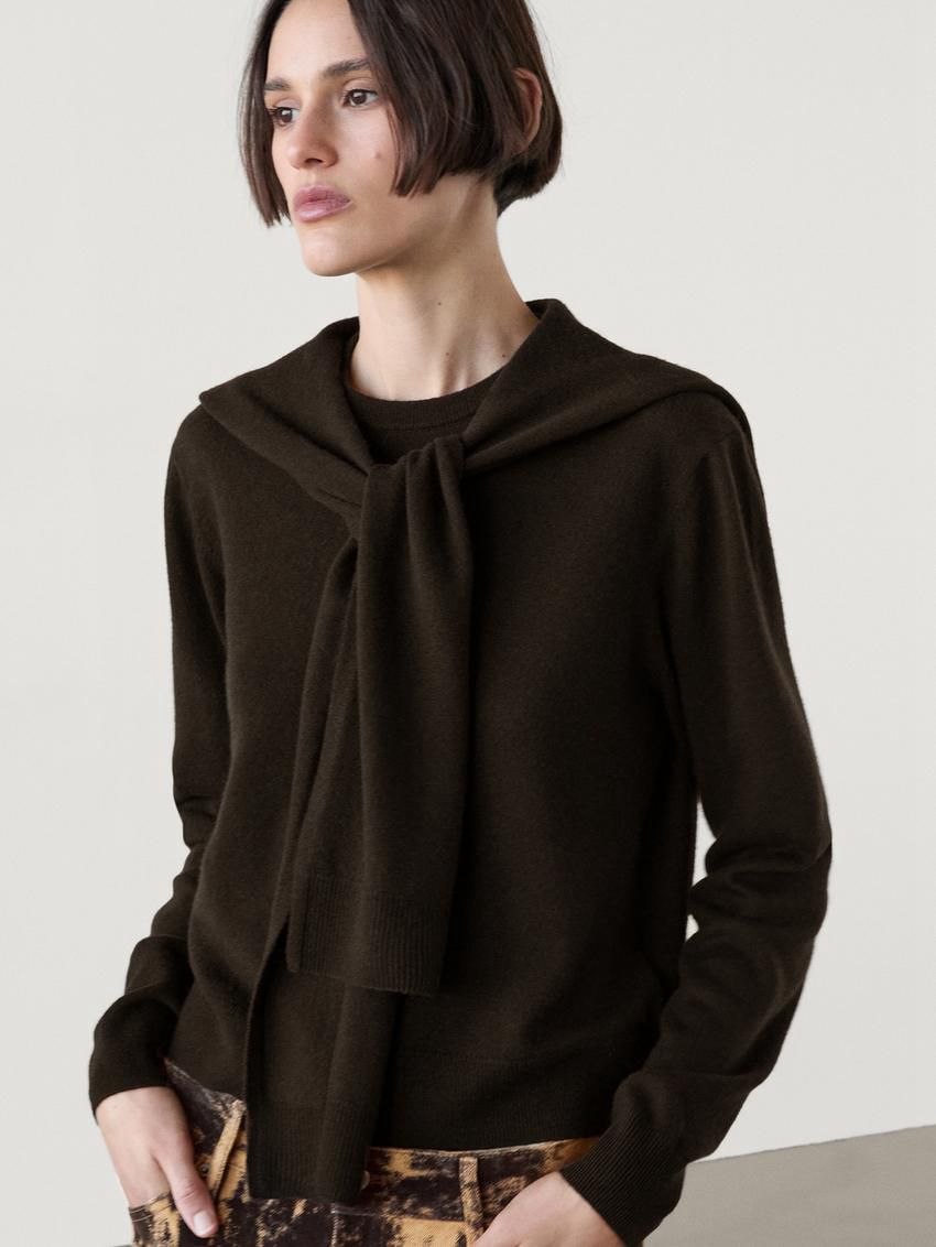 Massimo Dutti Wool Blend Knit Double Women Sweater Dark Brown | US-YK6832179