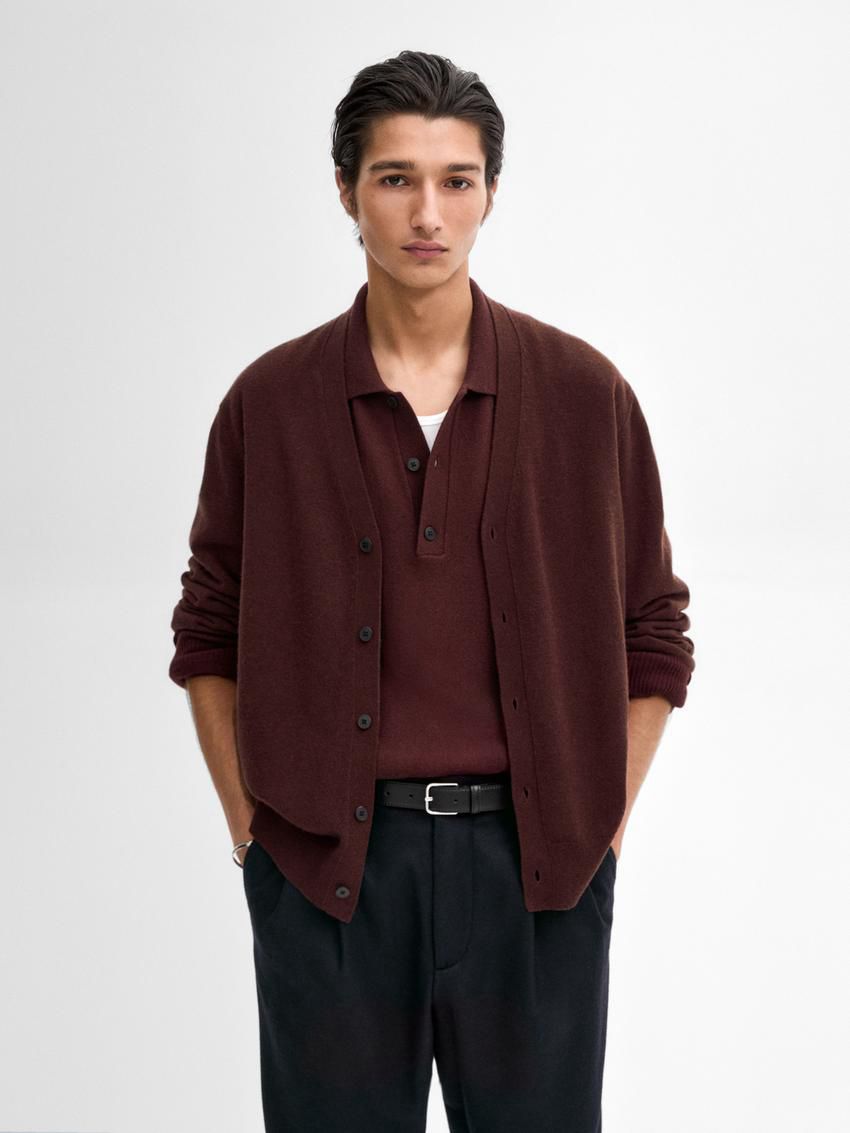Massimo Dutti Wool Blend Knit Men Cardigan Dark Red | US-VM7816032