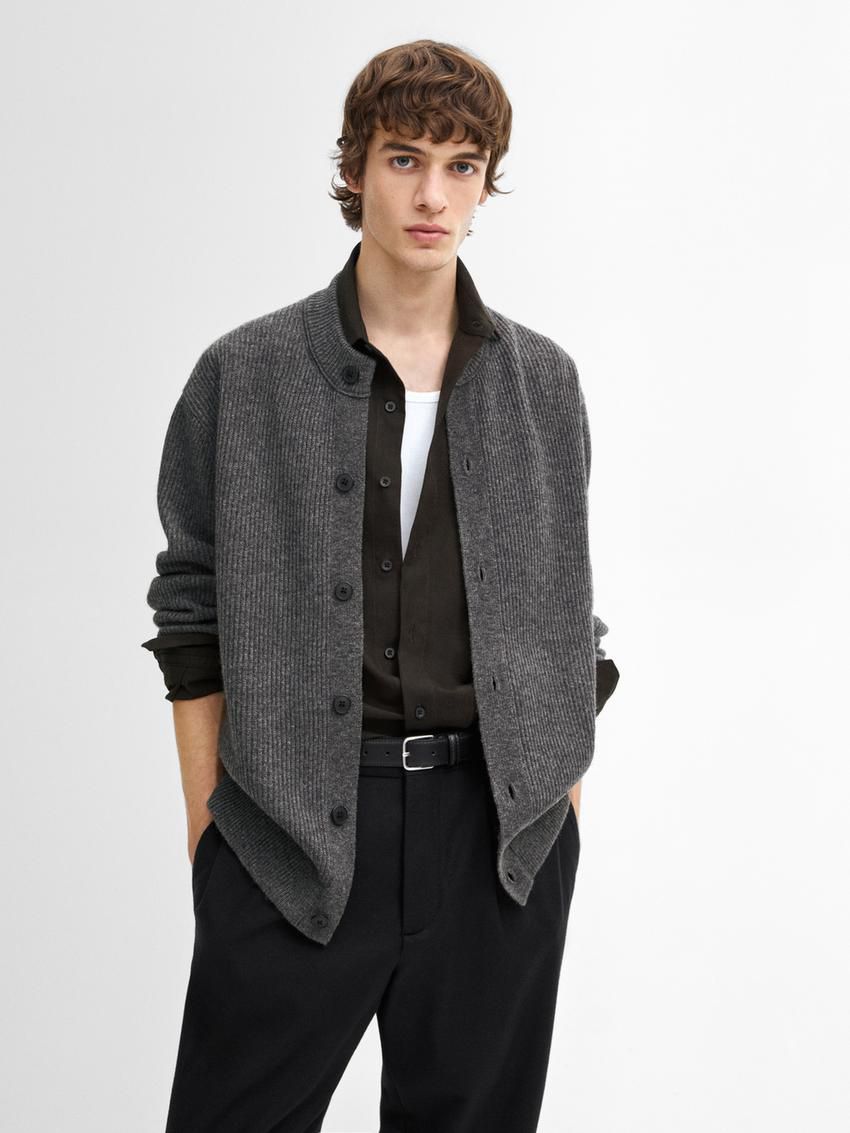 Massimo Dutti Wool Blend Knit Men Cardigan Dark Grey | US-BF7815964