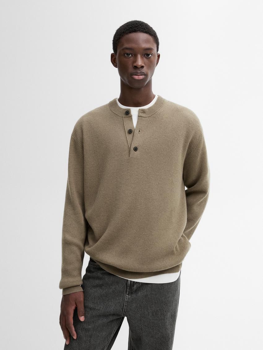 Massimo Dutti Wool Blend Knit Men Sweater Khaki | US-SH4359016