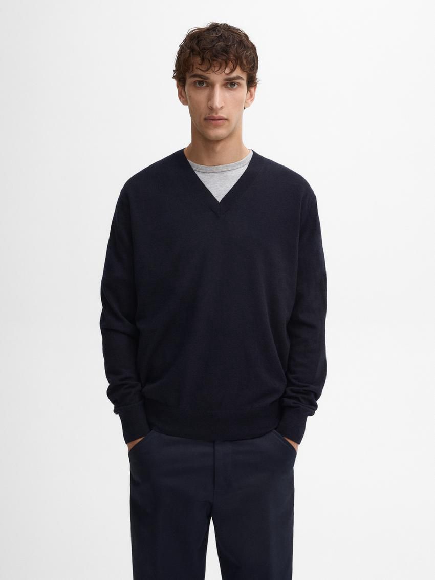 Massimo Dutti Wool Blend Knit V-neck Men Sweater Navy | US-LO3609485