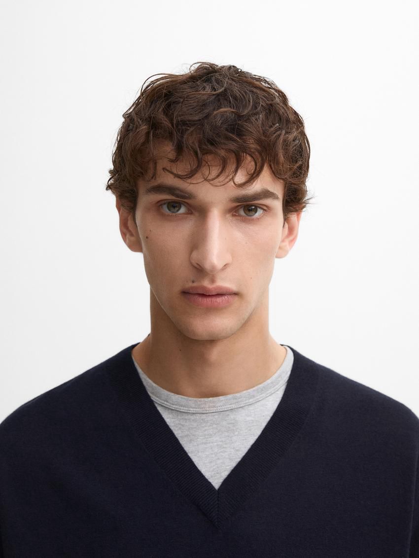 Massimo Dutti Wool Blend Knit V-neck Men Sweater Navy | US-LO3609485