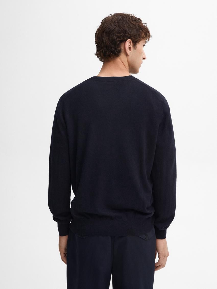 Massimo Dutti Wool Blend Knit V-neck Men Sweater Navy | US-LO3609485
