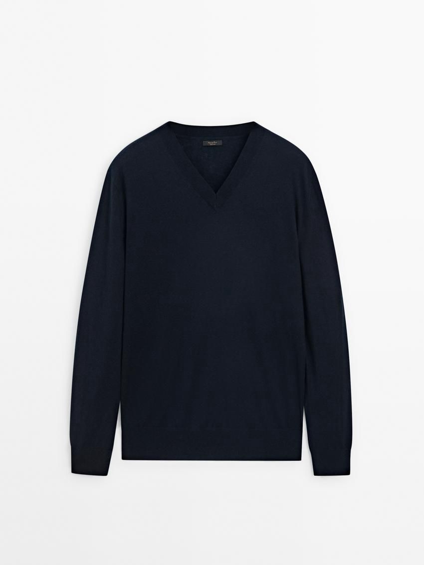Massimo Dutti Wool Blend Knit V-neck Men Sweater Navy | US-LO3609485