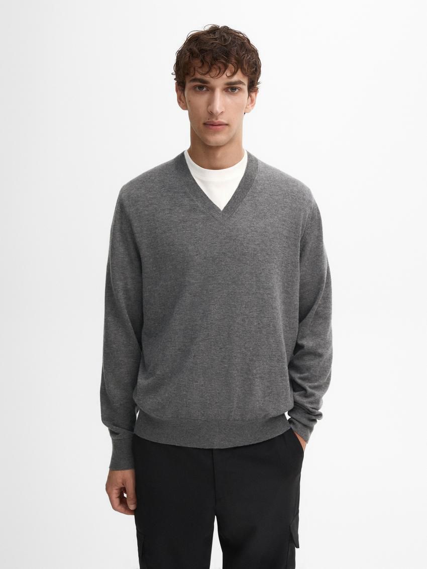 Massimo Dutti Wool Blend Knit V-neck Men Sweater Grey | US-HA9403265