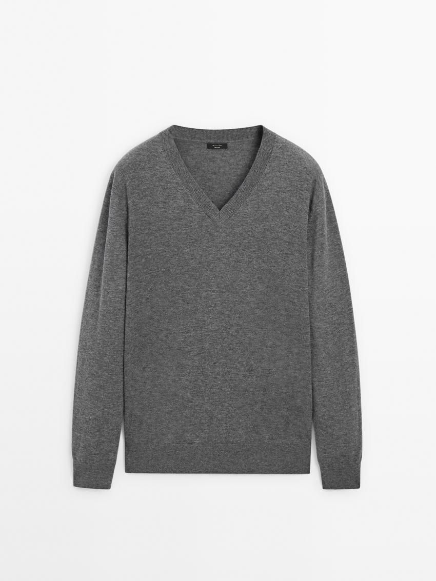 Massimo Dutti Wool Blend Knit V-neck Men Sweater Grey | US-HA9403265