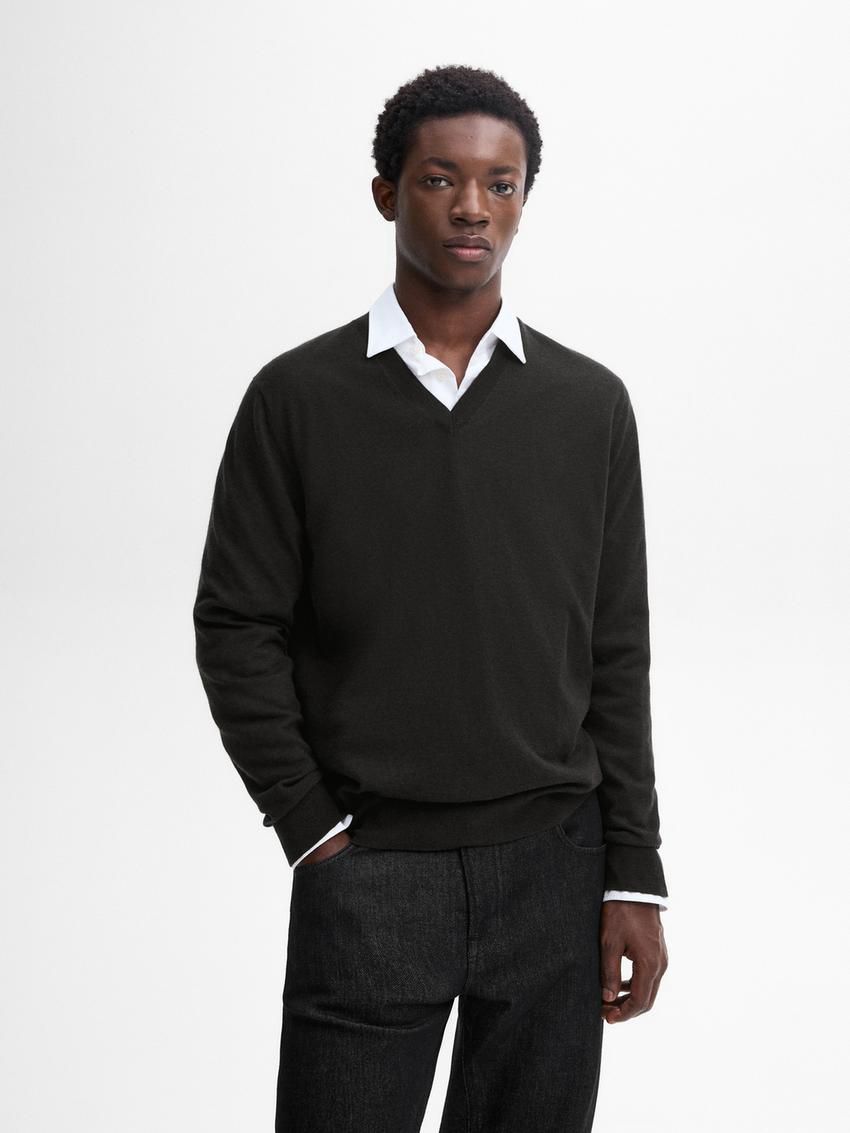 Massimo Dutti Wool Blend Knit V-neck Men Sweater Black | US-RH0759264