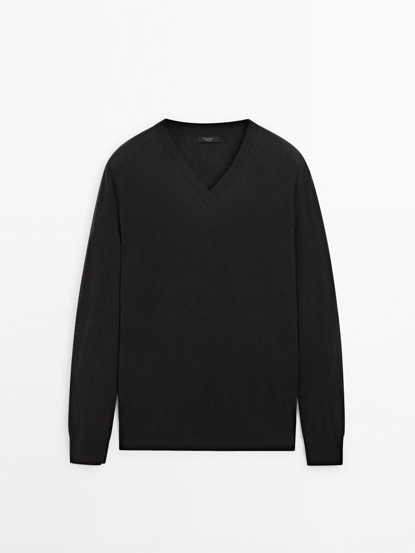 Massimo Dutti Wool Blend Knit V-neck Men Sweater Black | US-RH0759264