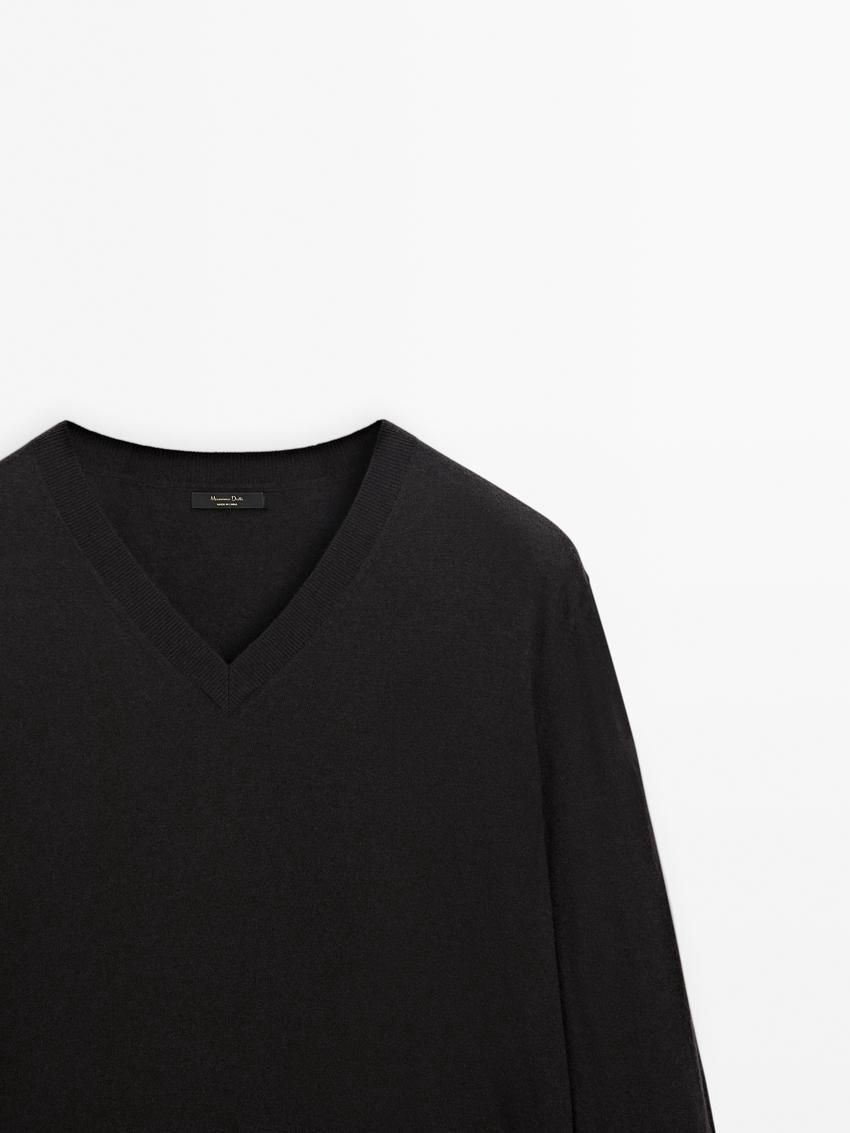 Massimo Dutti Wool Blend Knit V-neck Men Sweater Black | US-RH0759264