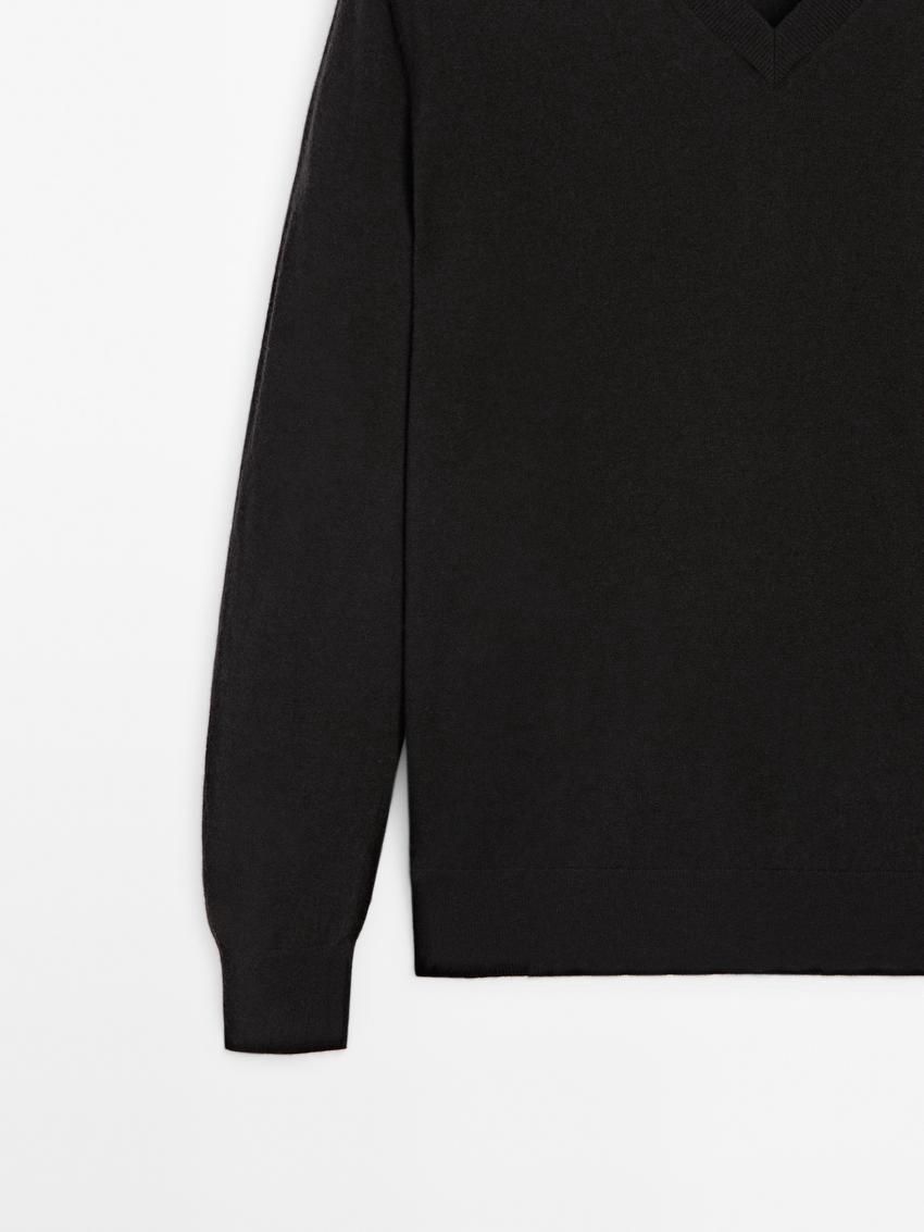 Massimo Dutti Wool Blend Knit V-neck Men Sweater Black | US-RH0759264
