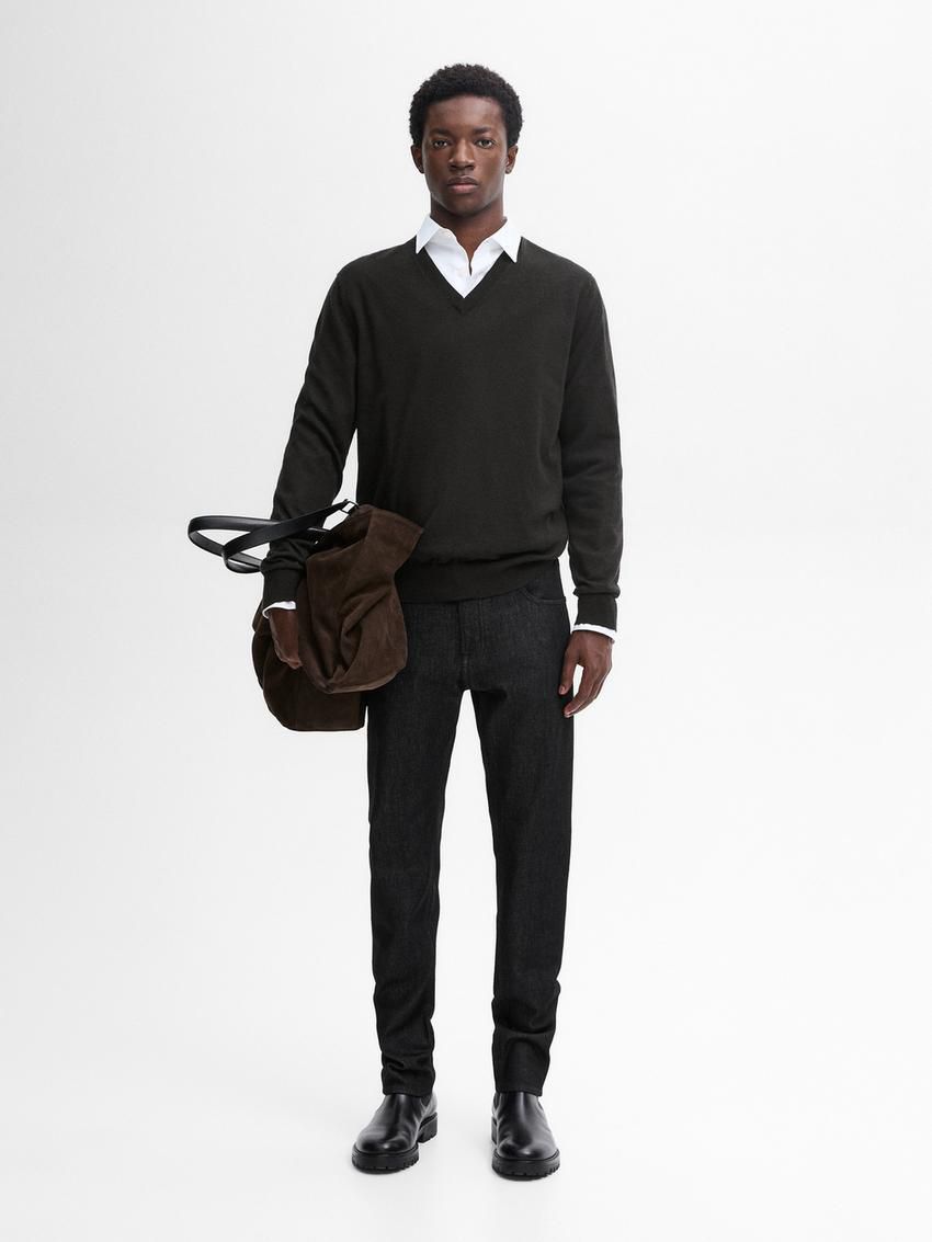 Massimo Dutti Wool Blend Knit V-neck Men Sweater Black | US-RH0759264