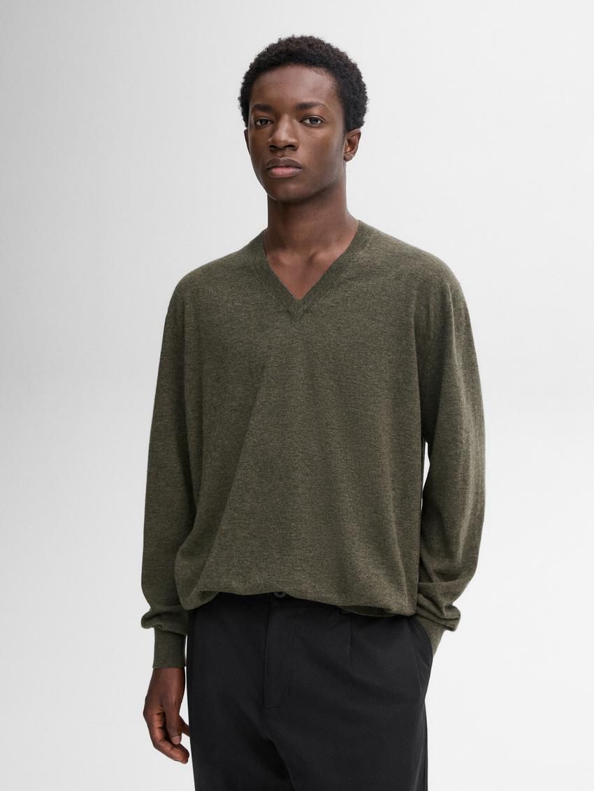 Massimo Dutti Wool Blend Knit V-neck Men Sweater Green | US-EZ3176405
