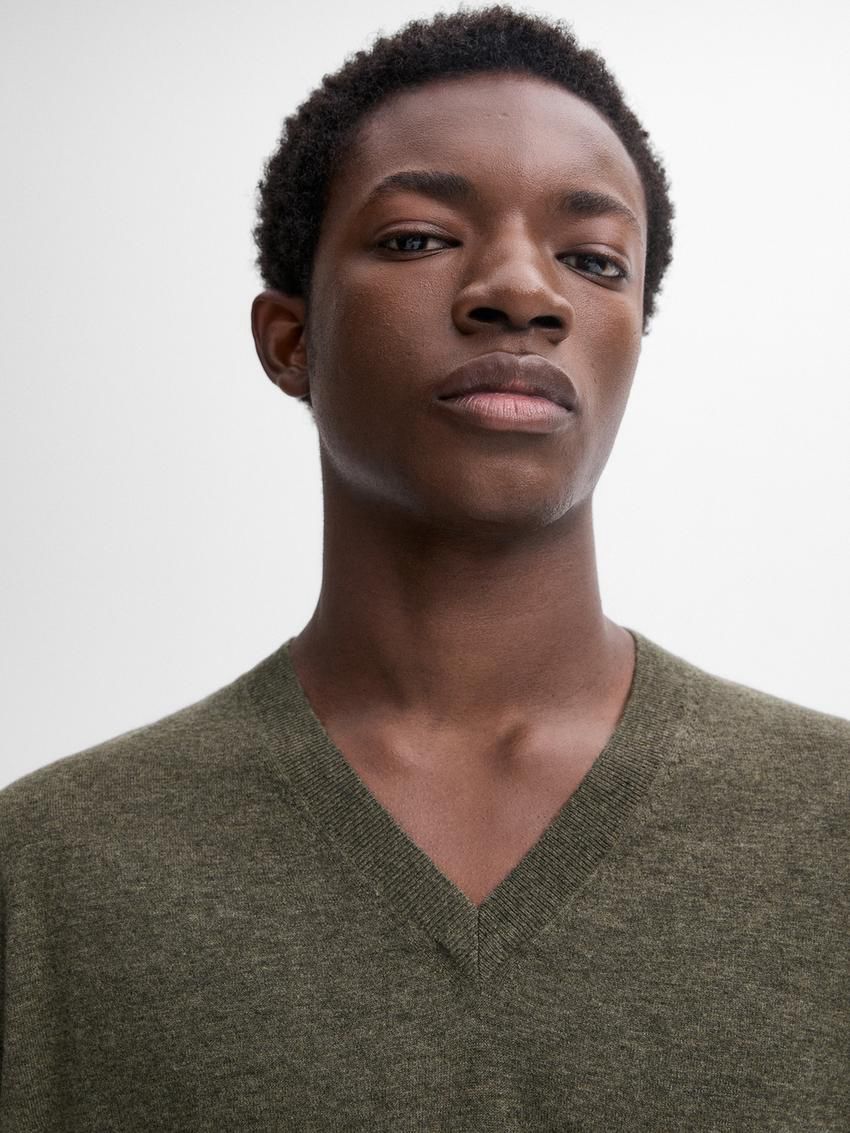 Massimo Dutti Wool Blend Knit V-neck Men Sweater Green | US-EZ3176405