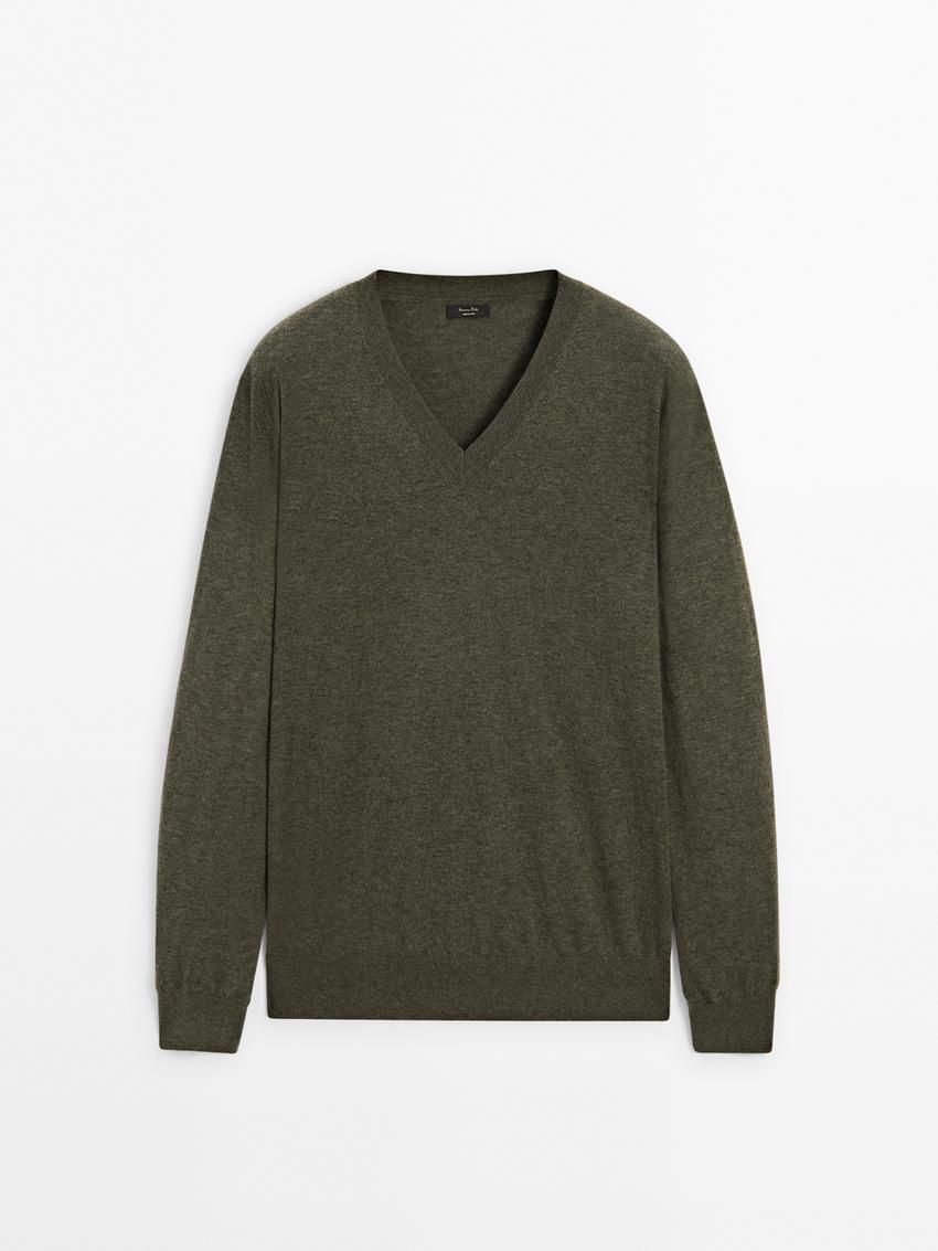 Massimo Dutti Wool Blend Knit V-neck Men Sweater Green | US-EZ3176405