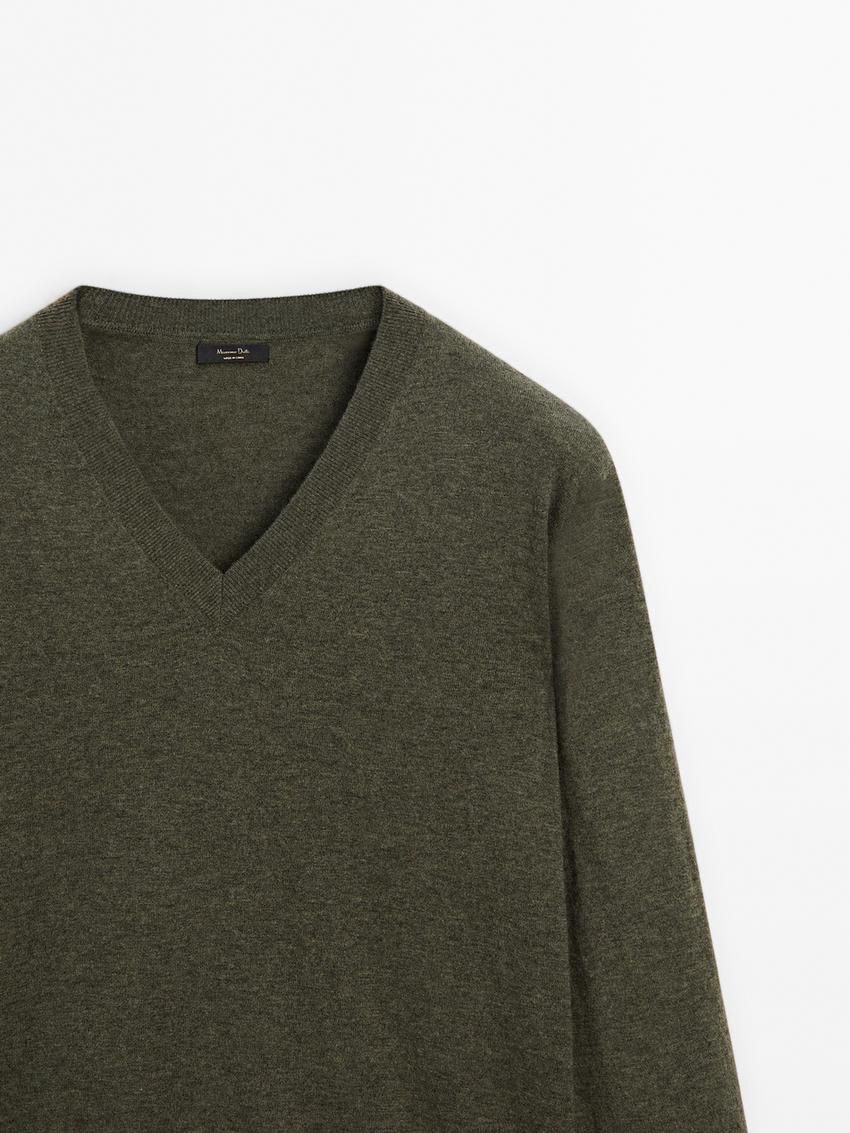 Massimo Dutti Wool Blend Knit V-neck Men Sweater Green | US-EZ3176405