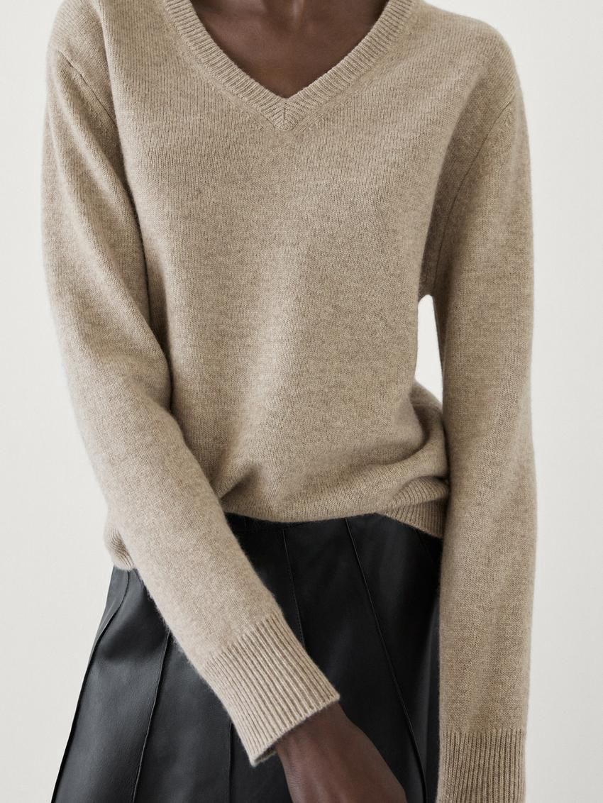 Massimo Dutti Wool Blend Knit V-neck Women Sweater Beige | US-XA2984503