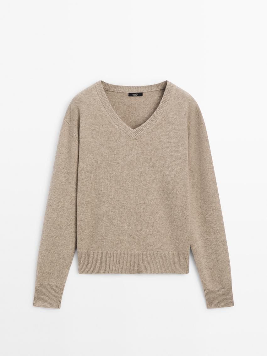 Massimo Dutti Wool Blend Knit V-neck Women Sweater Beige | US-XA2984503