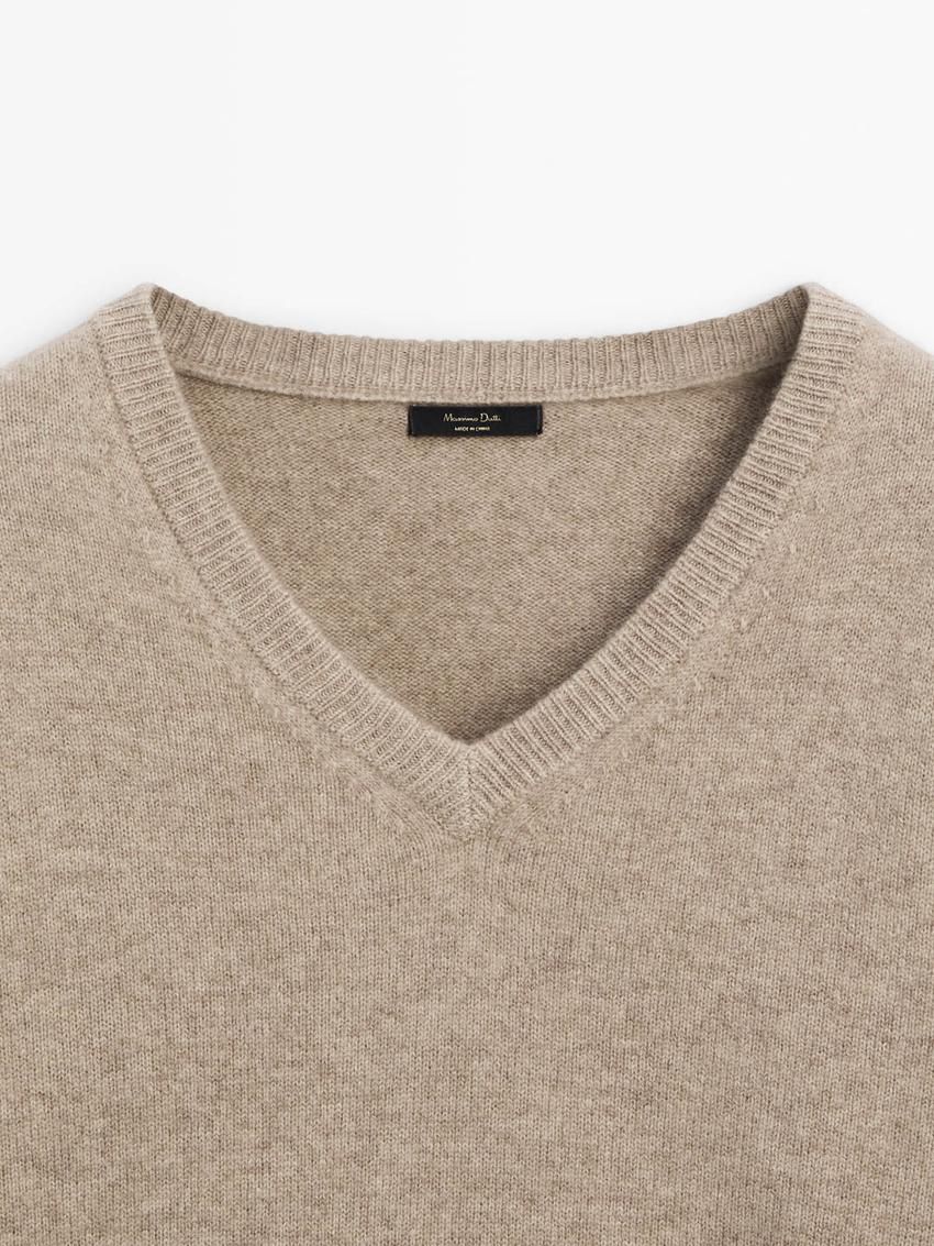 Massimo Dutti Wool Blend Knit V-neck Women Sweater Beige | US-XA2984503