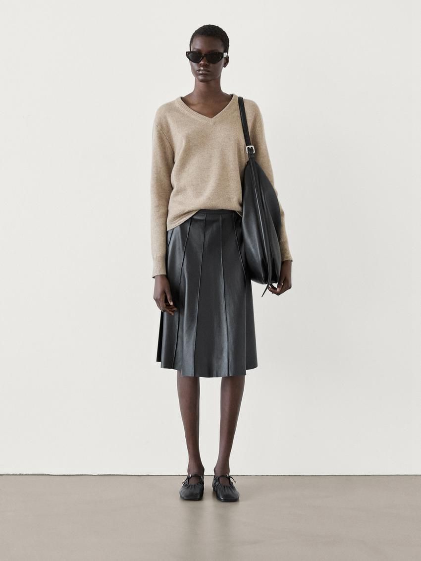 Massimo Dutti Wool Blend Knit V-neck Women Sweater Beige | US-XA2984503