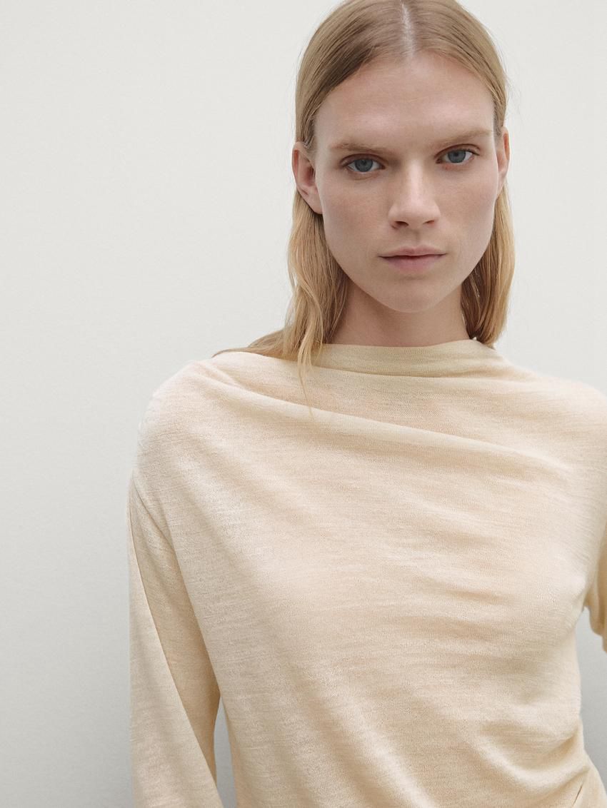 Massimo Dutti Wool Blend Knit With Gathered Detail Women T-Shirt Beige | US-YW2694105