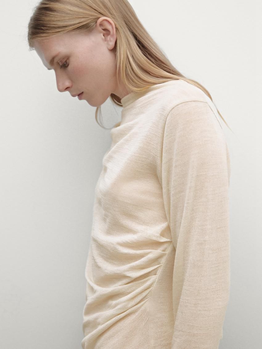 Massimo Dutti Wool Blend Knit With Gathered Detail Women T-Shirt Beige | US-YW2694105