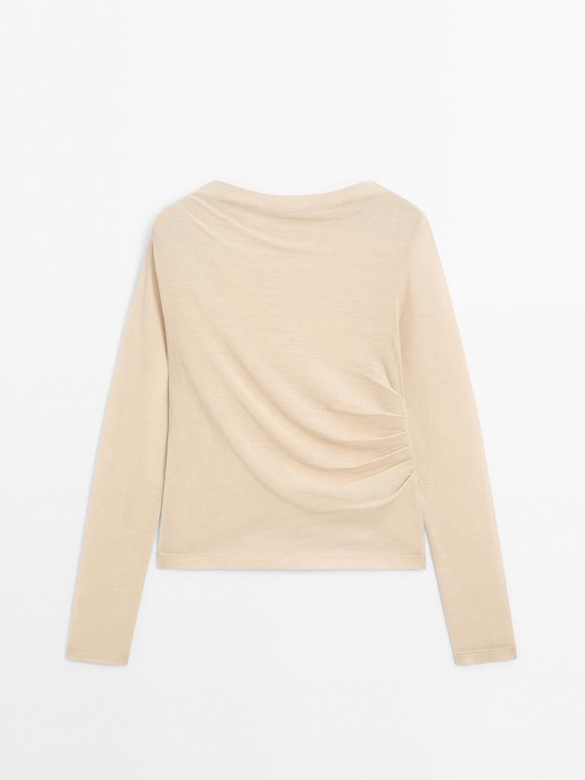 Massimo Dutti Wool Blend Knit With Gathered Detail Women T-Shirt Beige | US-YW2694105