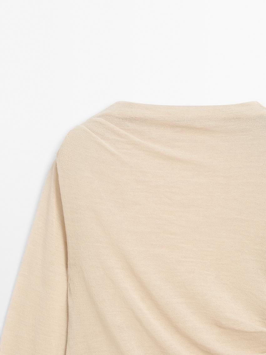 Massimo Dutti Wool Blend Knit With Gathered Detail Women T-Shirt Beige | US-YW2694105