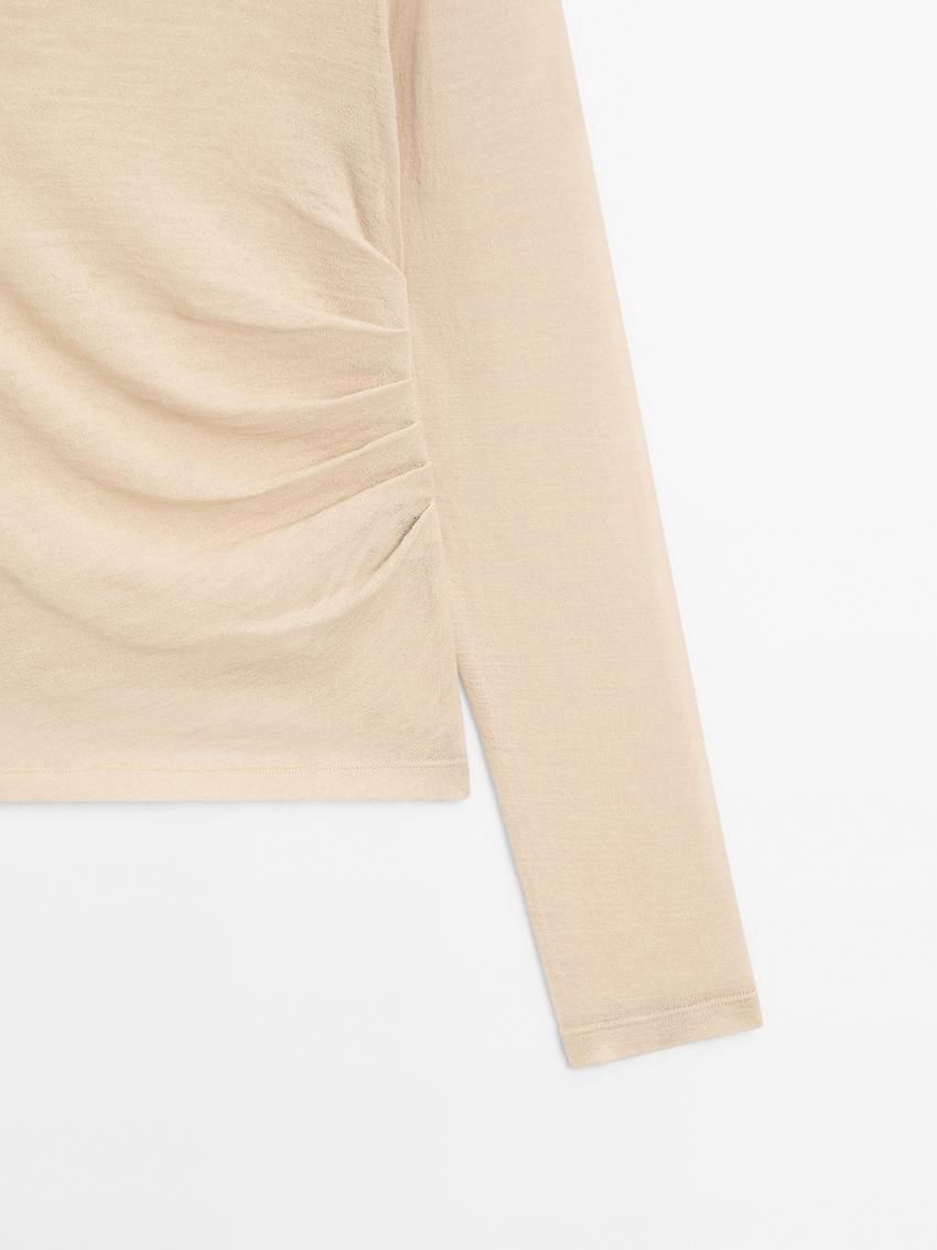 Massimo Dutti Wool Blend Knit With Gathered Detail Women T-Shirt Beige | US-YW2694105