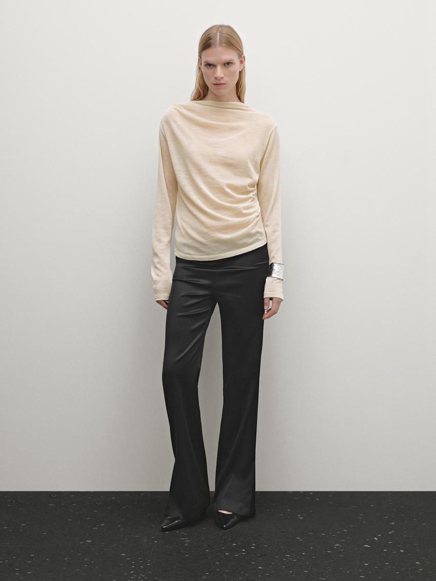 Massimo Dutti Wool Blend Knit With Gathered Detail Women T-Shirt Beige | US-YW2694105