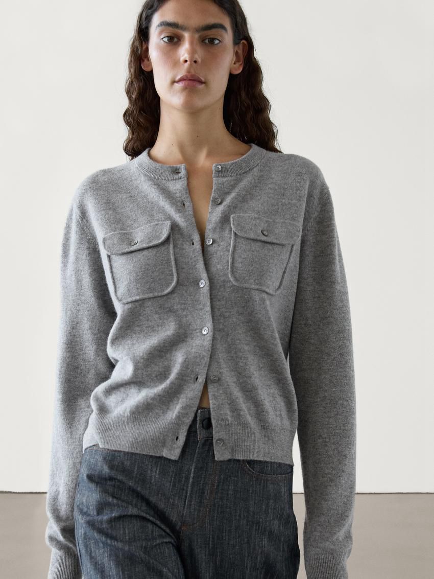 Massimo Dutti Wool Blend Knit With Pockets Women Cardigan Grey | US-AK9450182