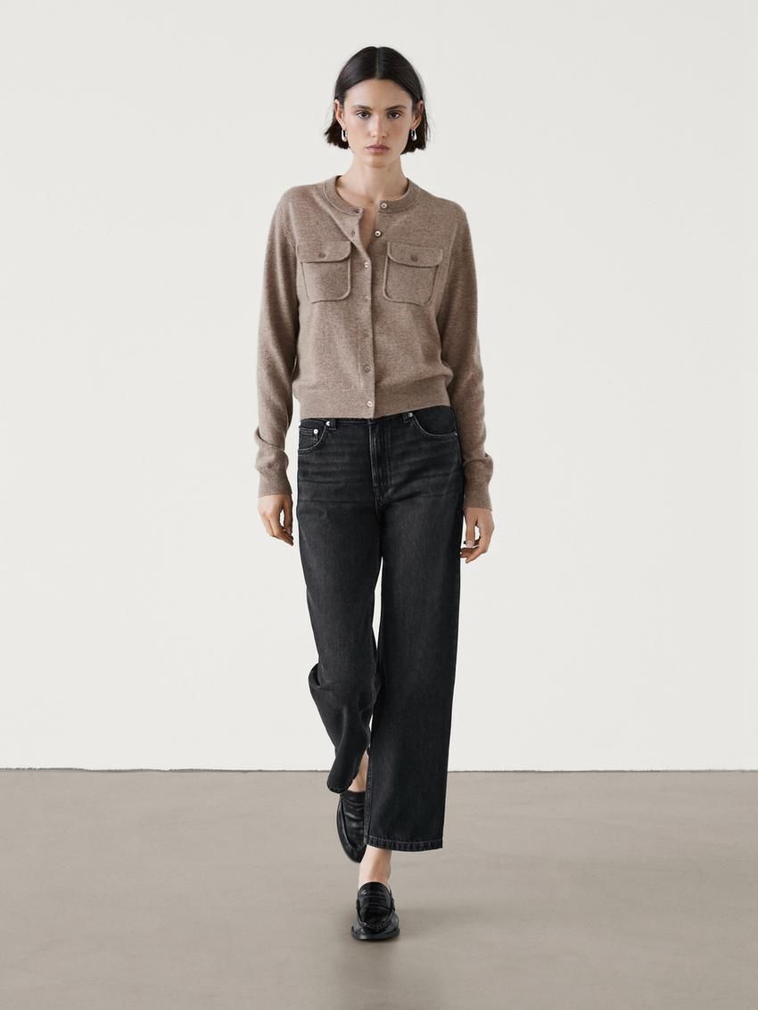 Massimo Dutti Wool Blend Knit With Pockets Women Cardigan Brown | US-SL6483279