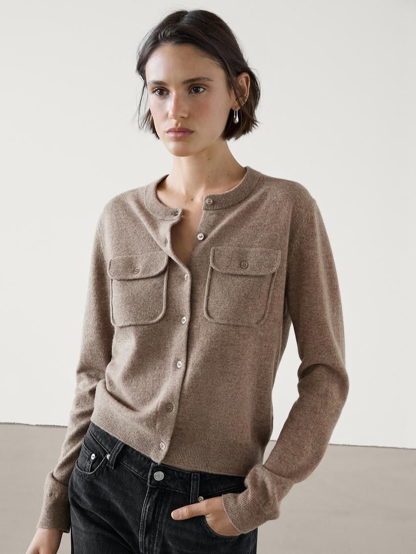 Massimo Dutti Wool Blend Knit With Pockets Women Cardigan Brown | US-SL6483279