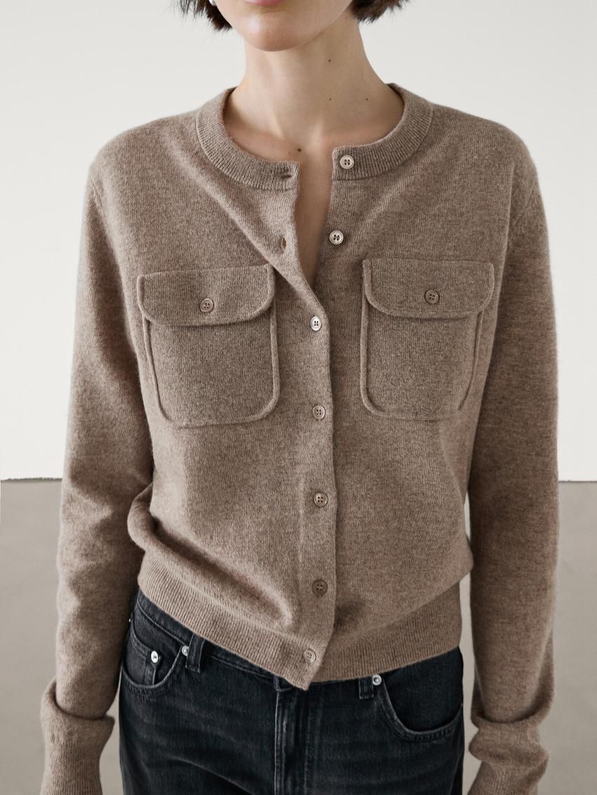 Massimo Dutti Wool Blend Knit With Pockets Women Cardigan Brown | US-SL6483279