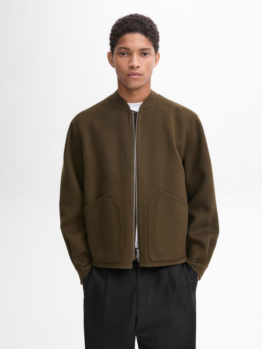 Massimo Dutti Wool Blend Men Bomber Jacket Khaki Brown | US-AE1984207