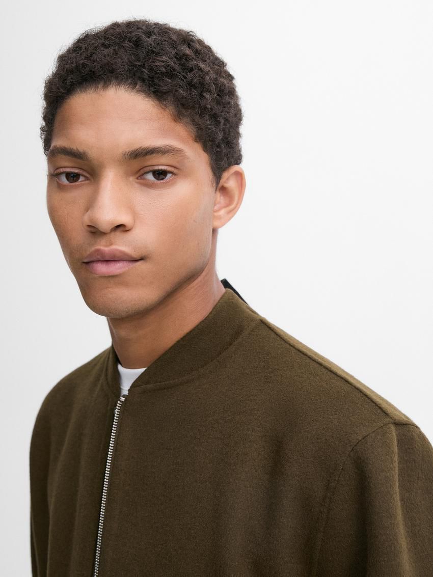 Massimo Dutti Wool Blend Men Bomber Jacket Khaki Brown | US-AE1984207