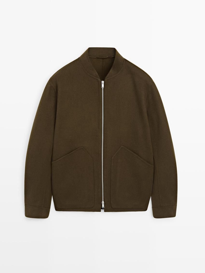 Massimo Dutti Wool Blend Men Bomber Jacket Khaki Brown | US-AE1984207