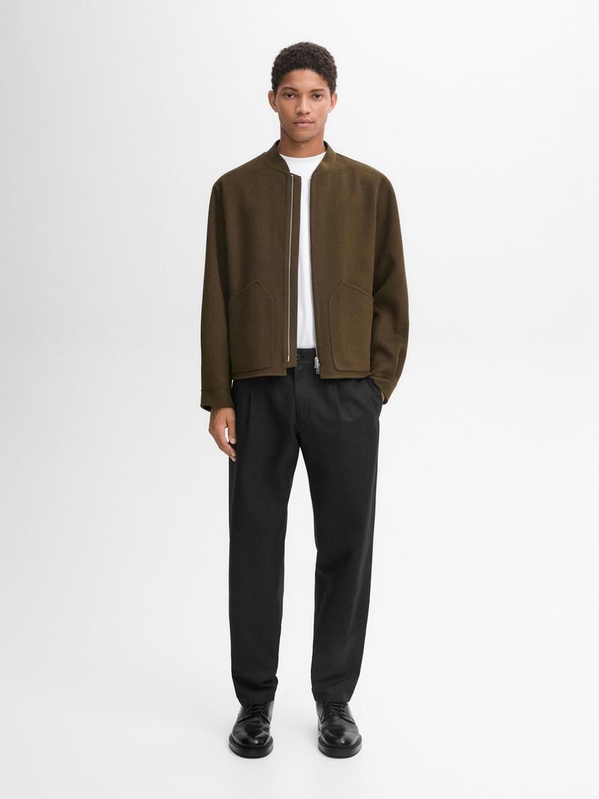 Massimo Dutti Wool Blend Men Bomber Jacket Khaki Brown | US-AE1984207