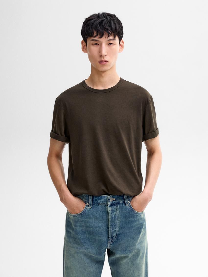 Massimo Dutti Wool Blend Men T-Shirt Dark Khaki | US-XB4736912