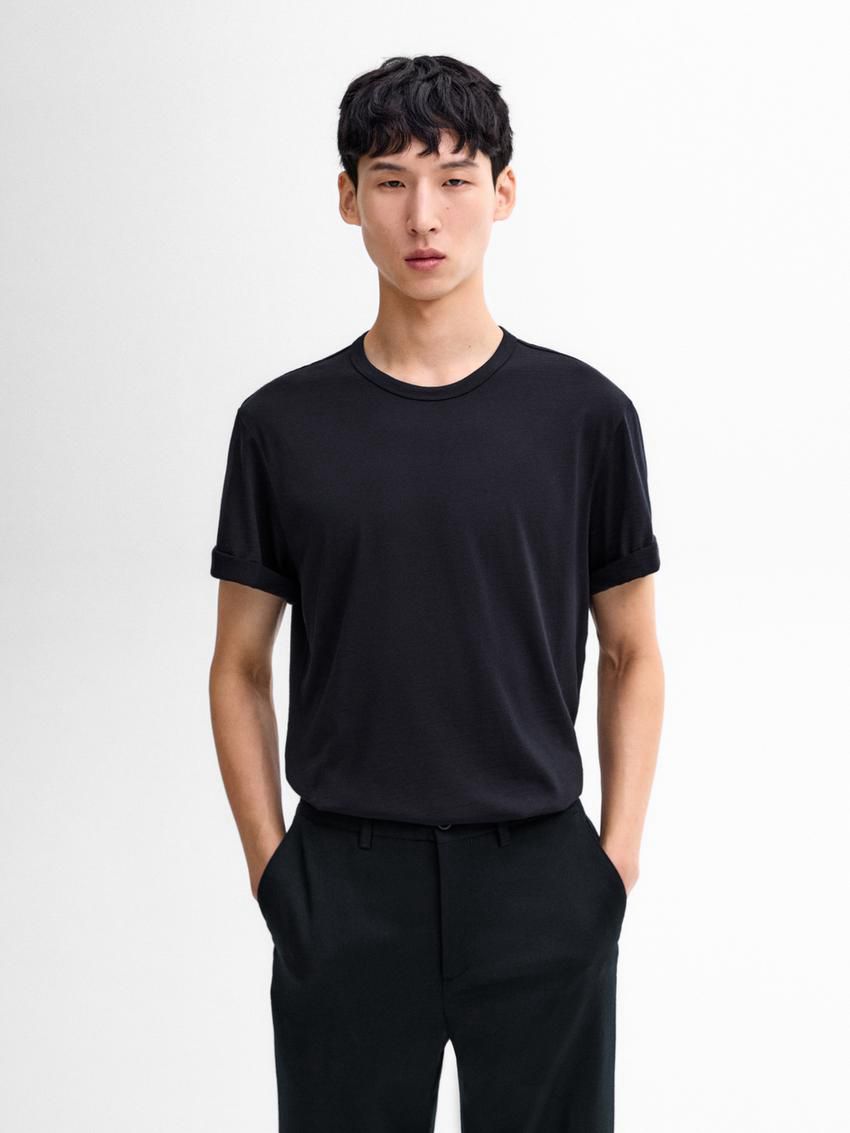 Massimo Dutti Wool Blend Men T-Shirt Navy | US-QP1637280