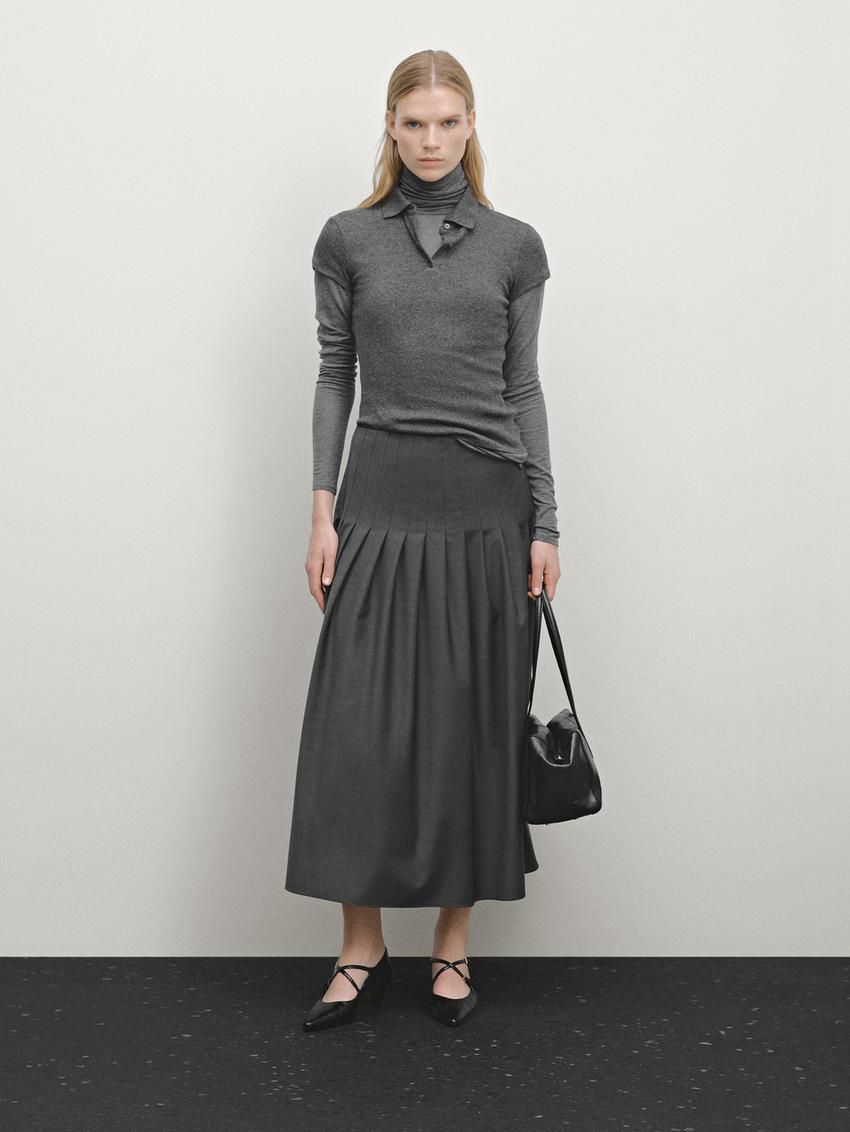 Massimo Dutti Wool Blend Pleated Midi Women Skirts Dark Grey | US-HX9376514