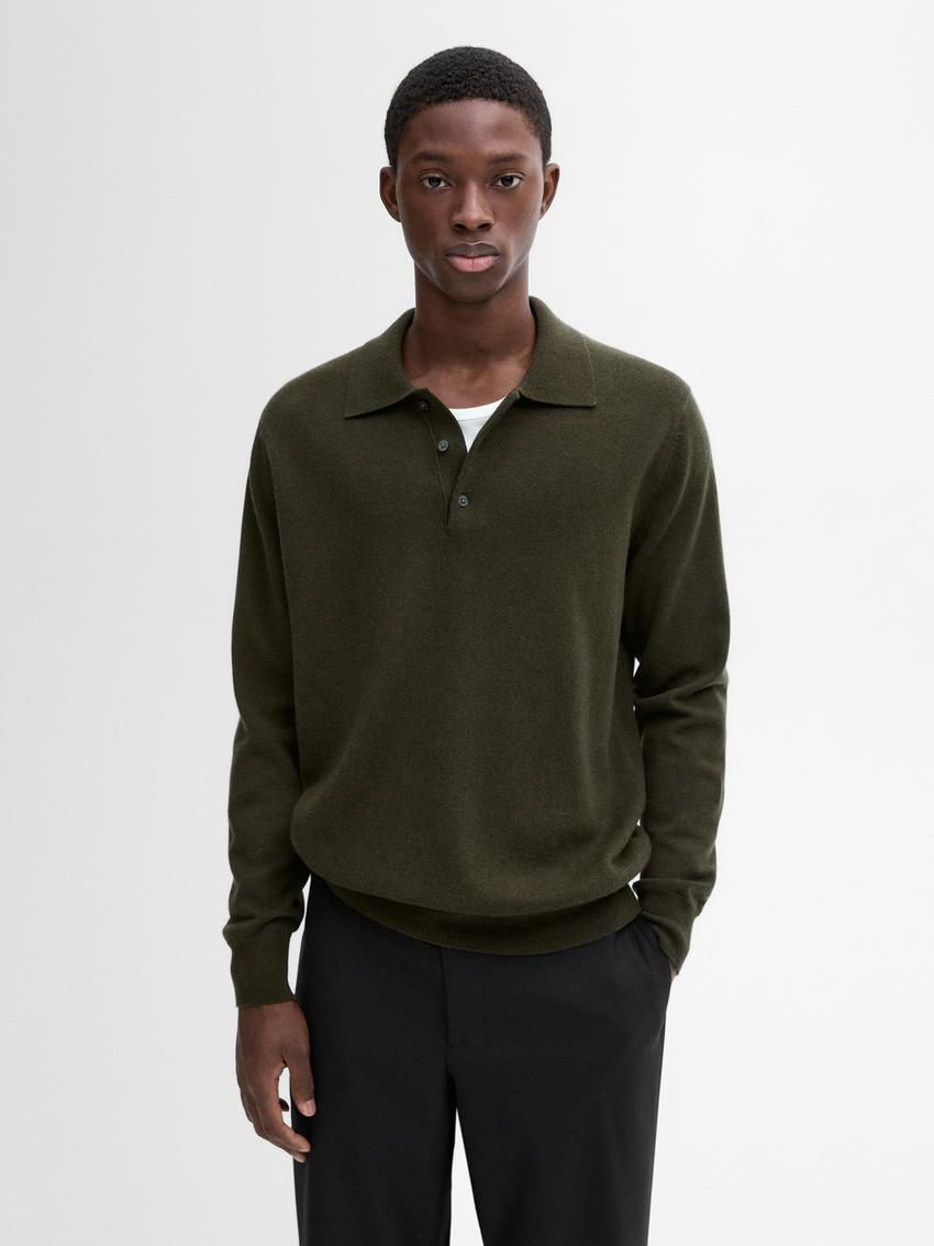 Massimo Dutti Wool Blend Polo Collar Men Sweater Dark Khaki | US-UT2793851