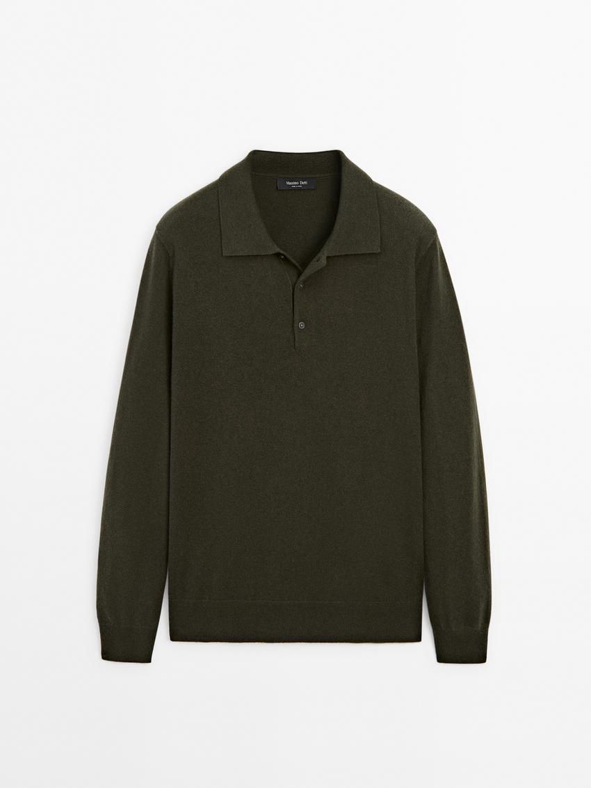 Massimo Dutti Wool Blend Polo Collar Men Sweater Dark Khaki | US-UT2793851